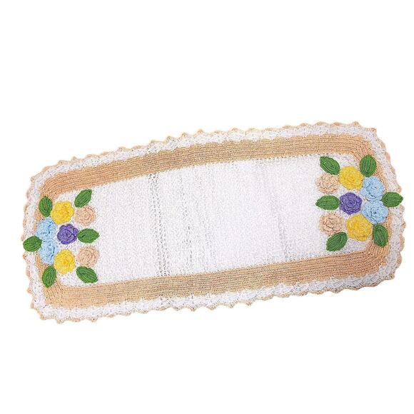 Colorful Crochet Lace 38x17 Rose DRESSER Doiley Tablecoth Grannycore Cottagecore - Picture 1 of 8